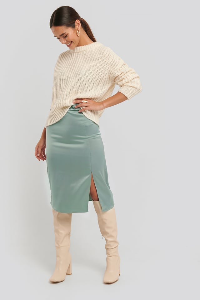 Front Slit Satin Skirt Dusty Petrol