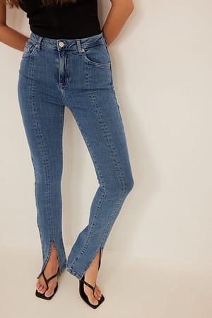 Mid Blue Front Slit Skinny Jeans