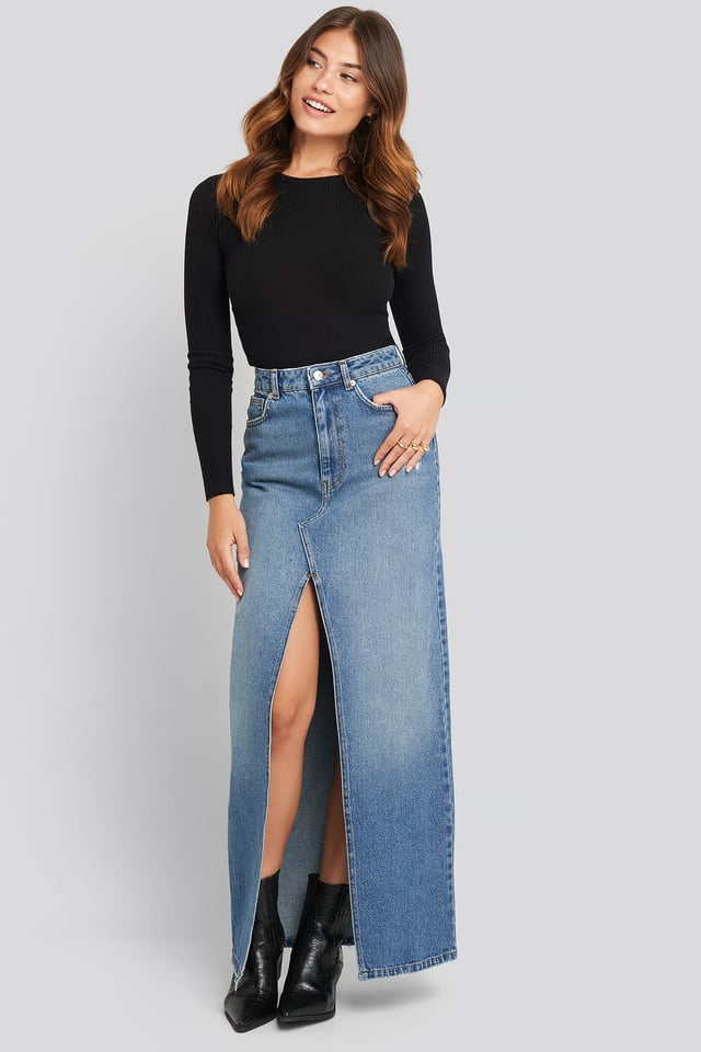 Front Split Maxi Denim Skirt Blue