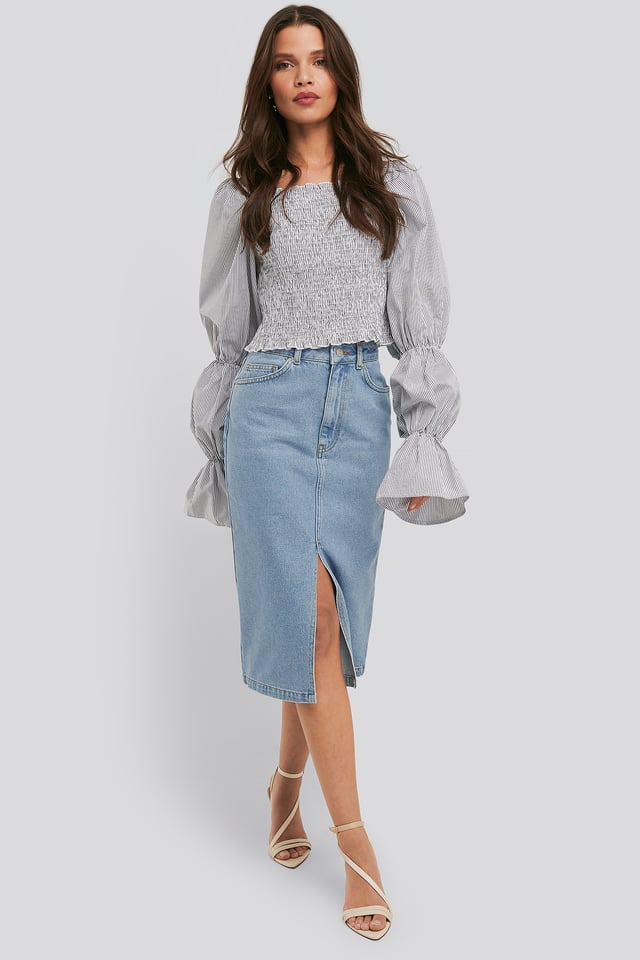 Front Split Midi Denim Skirt Light Blue Wash