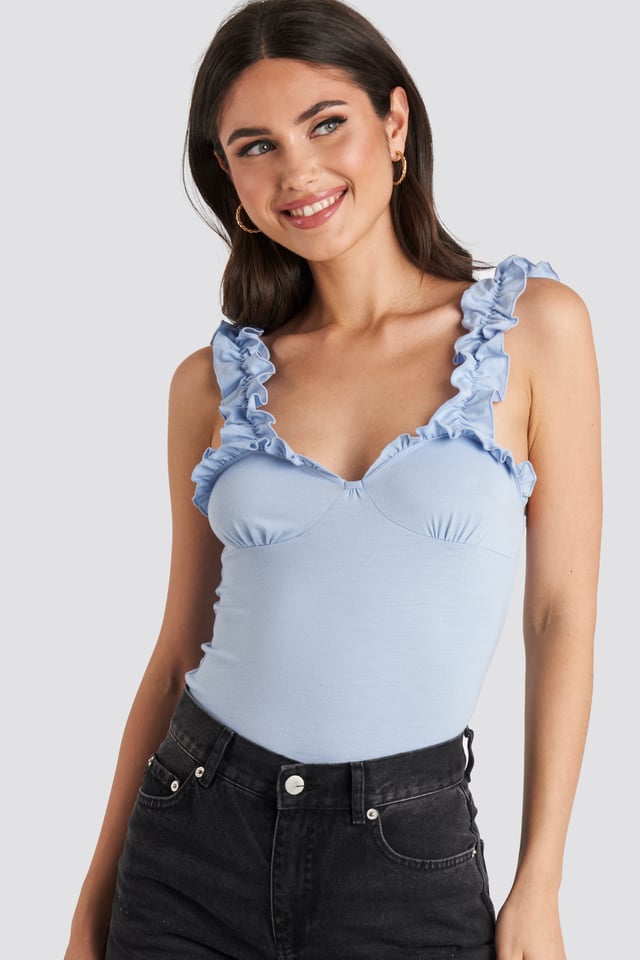 Ruffle Bust Detail Top Dusty Blue