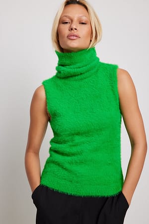 Green Fuzzy High Neck Knitted Vest