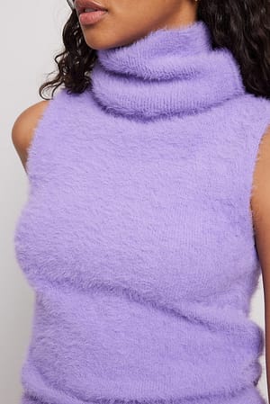 Lilac Fuzzy High Neck Knitted Vest