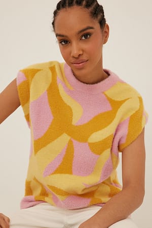 Orange Mix Fuzzy Knitted Pattern Vest