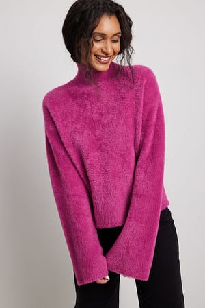 Pink Krøllete strikket genser med rund hals