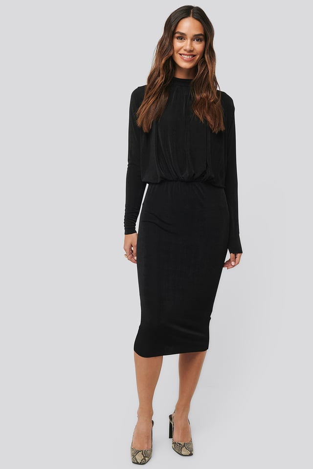 Gathered Waist Knit Dress Black
