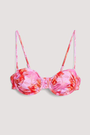 Pink Print Top de bikini con copas fruncidas