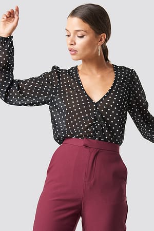 Black/White dots Gathered Front LS Blouse