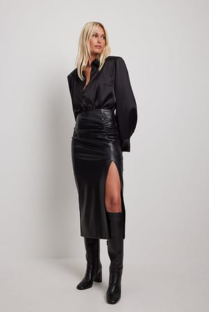 Black Gathered Midi PU Skirt