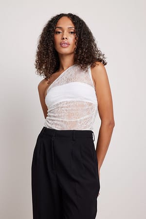 Offwhite Gathered One Shoulder Lace Top