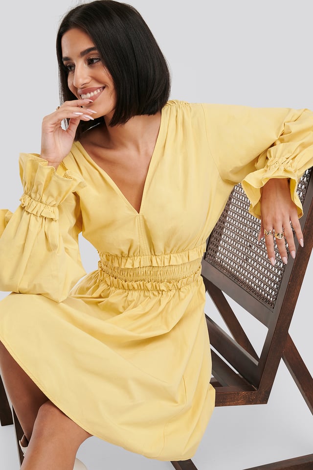 Gathered Puff Sleeve Mini Dress Yellow