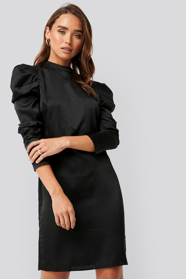 Gathered Satin Dress Black