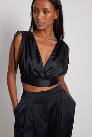 Black Gathered Tie Front Satin Top