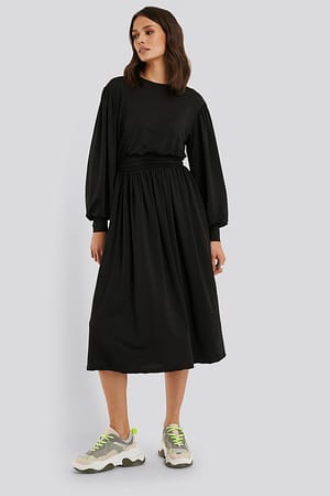 Black Gathered Waist Jersey Dress