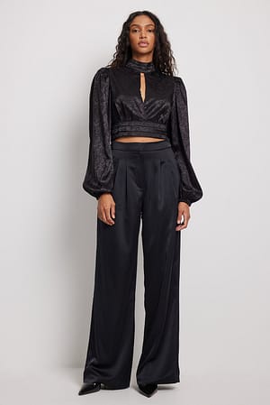 Black Blusa de manga larga con cintura fruncida
