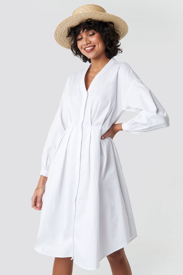 Gathered Waist Shirt Dress White