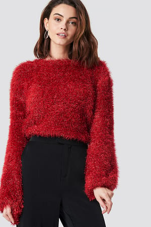Red Glittery Balloon Sleeve Sweater