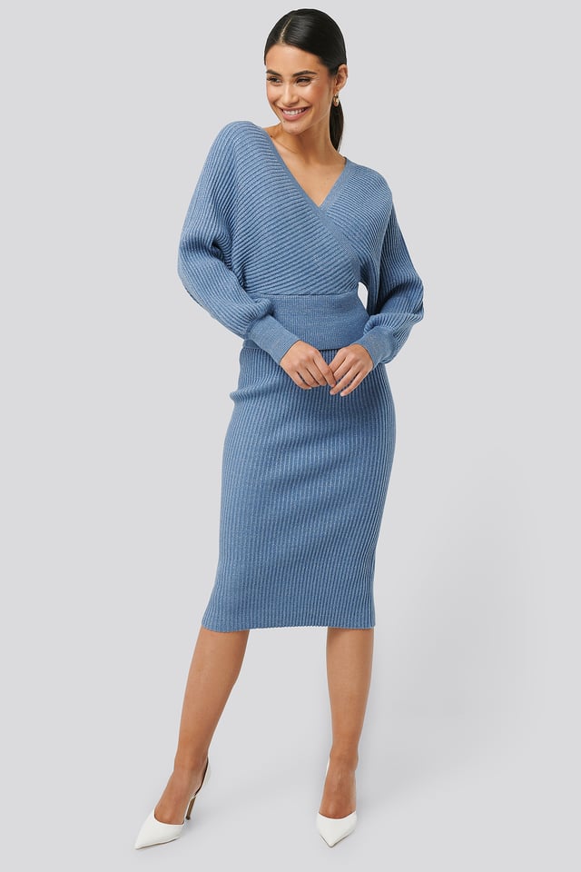 Glittery Ribbed Knitted Skirt Blue