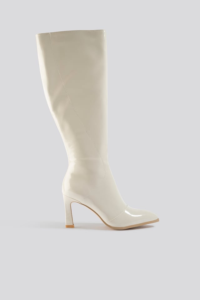 Glossy Patent Shaft Boots Nude