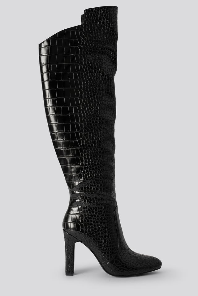 Glossy Reptile Overknee Boots Black