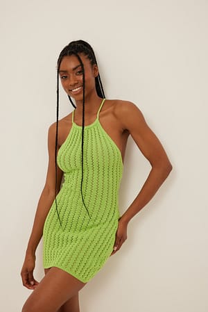 Green Halterneck Open Back Lace Detail Mini Dress