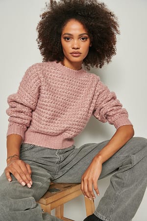 Pink Melange Tungt strikket genser med rund hals