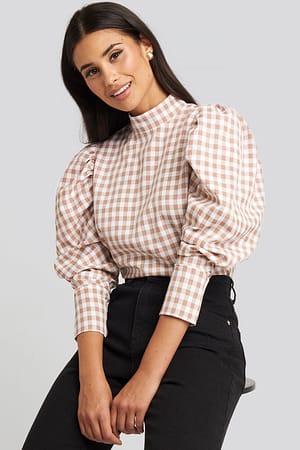 White/Dusty Pink NA-KD Boho High Collar Checked Blouse