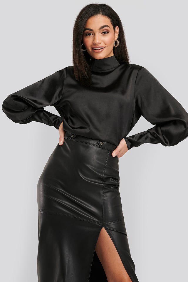 High Collar Satin Blouse Black