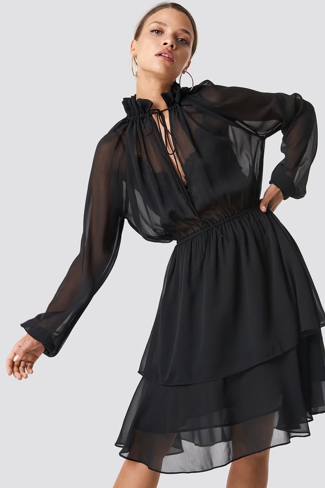 High Frill Neck Dress Black