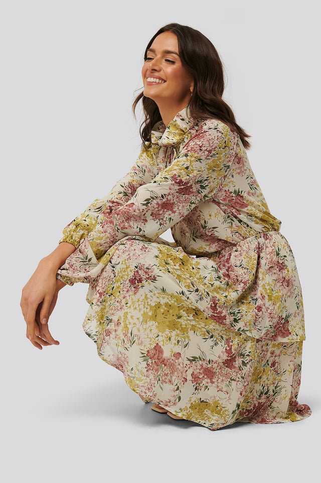 High Frill Neck Dress White/Mixed Flowers