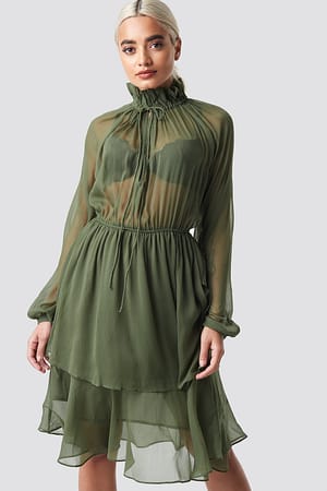 Khaki Green High Frill Neck Dress