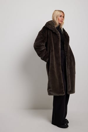 Brown NA-KD High Neck Faux Fur Coat