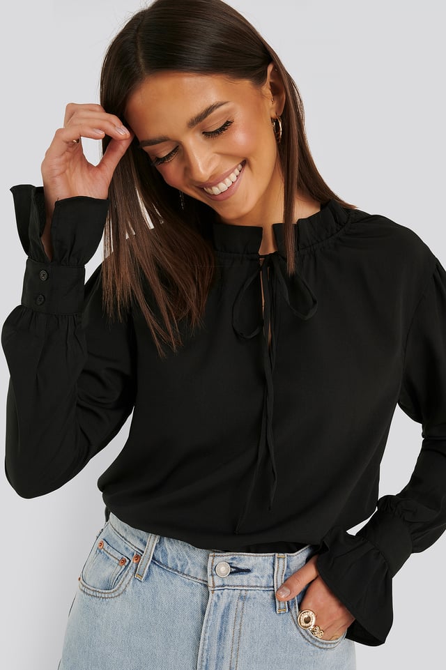 High Neck Frill Blouse Black