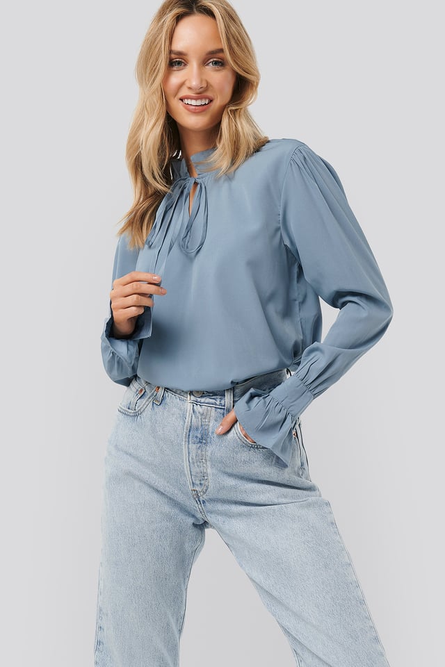 High Neck Frill Blouse Dusty Blue