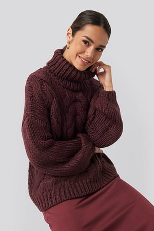 Plum High Neck Heavy Cable Knitted Sweater