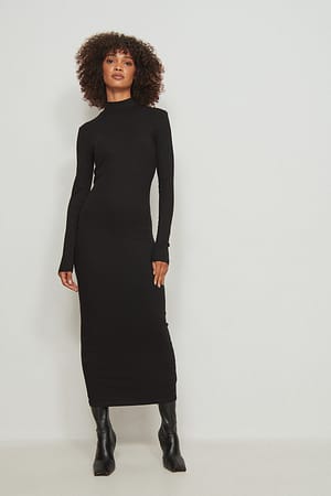 Black Gerecycleerde geribde jurk met lange mouwen