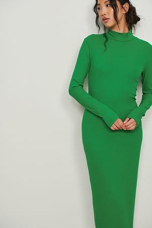 Green High Neck Long Sleeved Midi Rib Dress