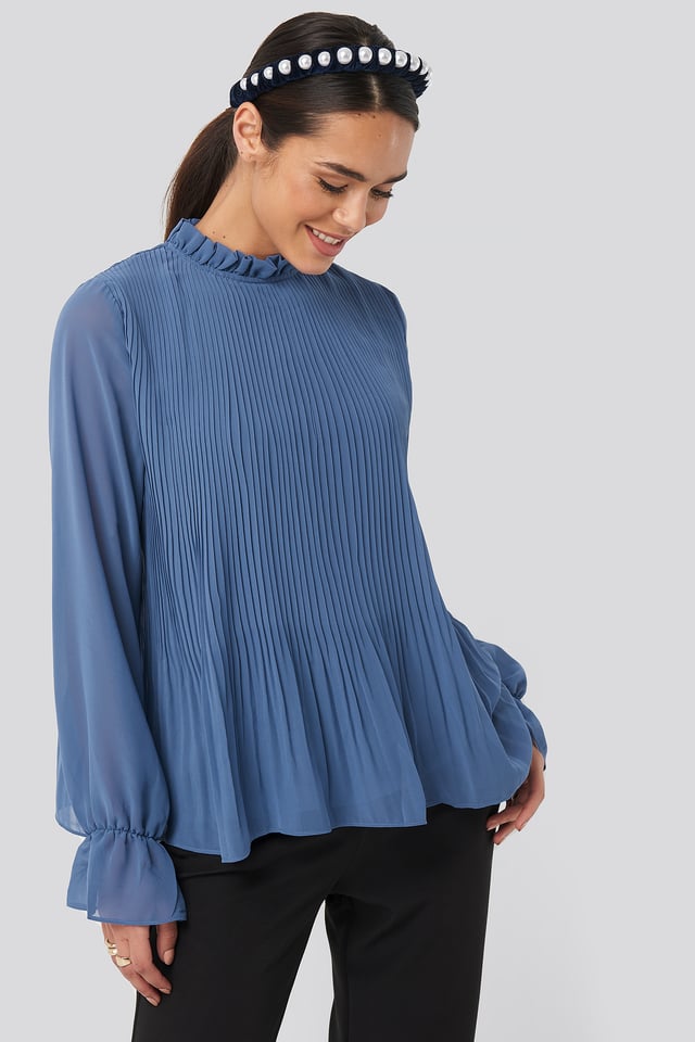 High Neck Pleated Blouse Dusty Blue