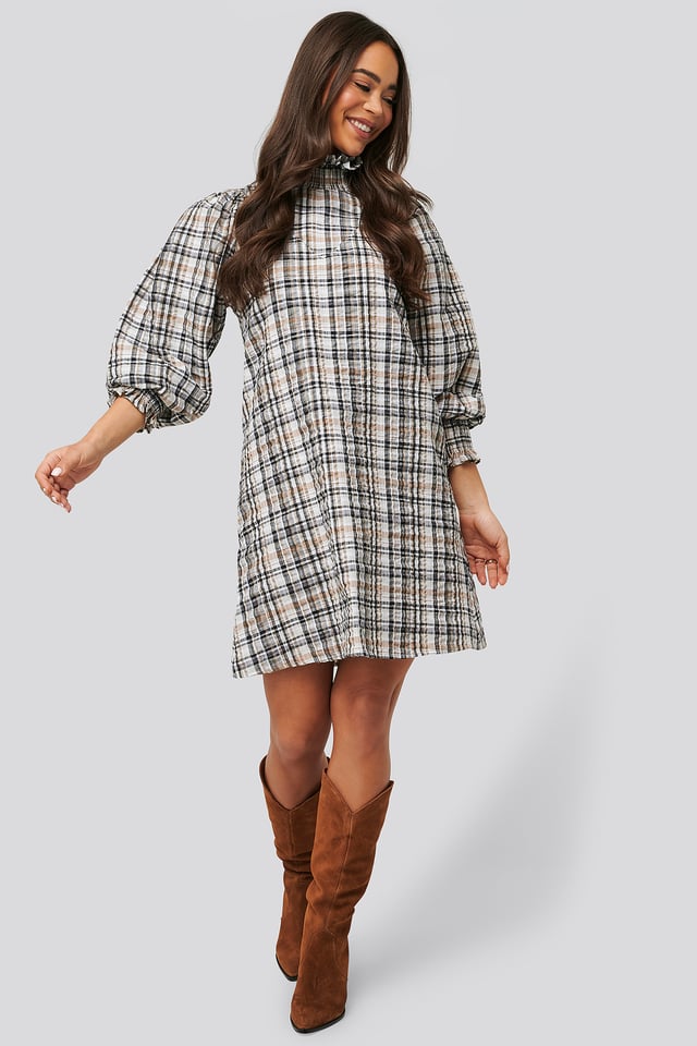 High Neck Puff Sleeve Check Dress Brown