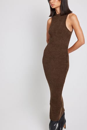 Brown High Neck Sleeveless Knitted Maxi Dress
