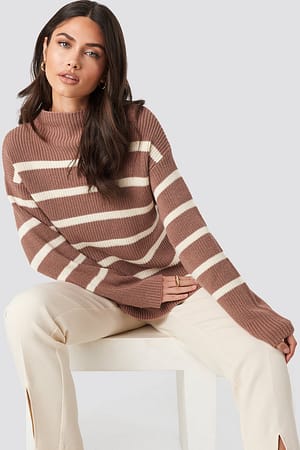 Dusty Dark Pink High Neck Striped Knitted Sweater