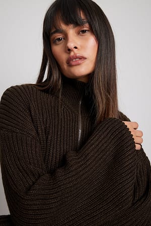 Brown High Neck Zipped Knitted Sweater