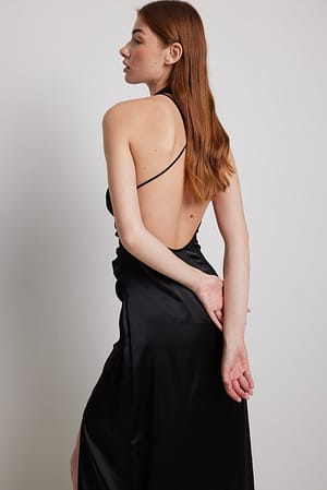 Black High Slit Back Detail Satin Maxi Dress