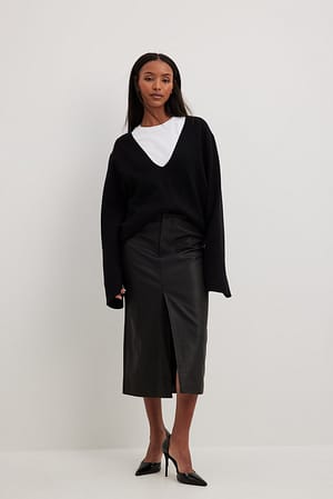 Black High Slit PU Skirt