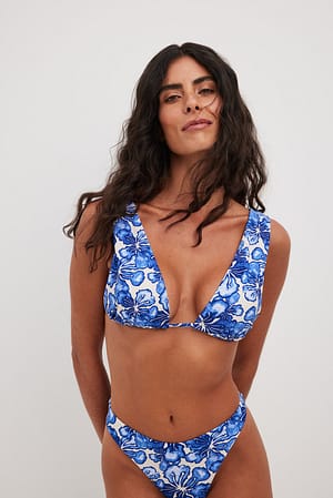 Dark Blue Flower High Triangle Bikini Top
