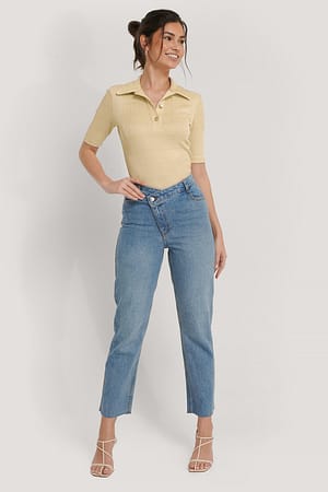 Light Blue NA-KD Trend High Waist Asymmetric Closure Straight Jeans