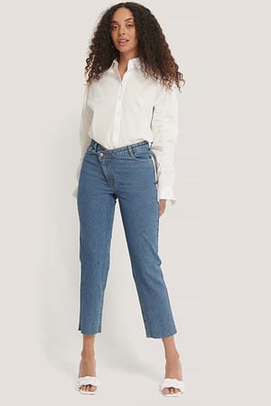 Mid Blue NA-KD Trend High Waist Asymmetric Closure Straight Jeans