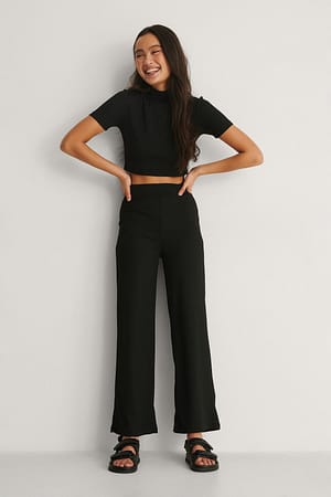 Black Recycled High Waist Ribbed Straight Pants