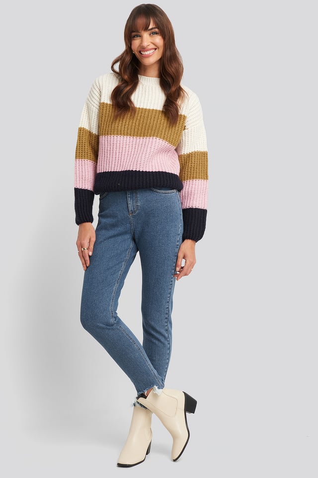 High Waist Ripped Ankle Mom Jeans Mid Blue Wash