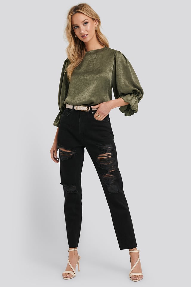 High Waist Ripped Mom Jeans Black
